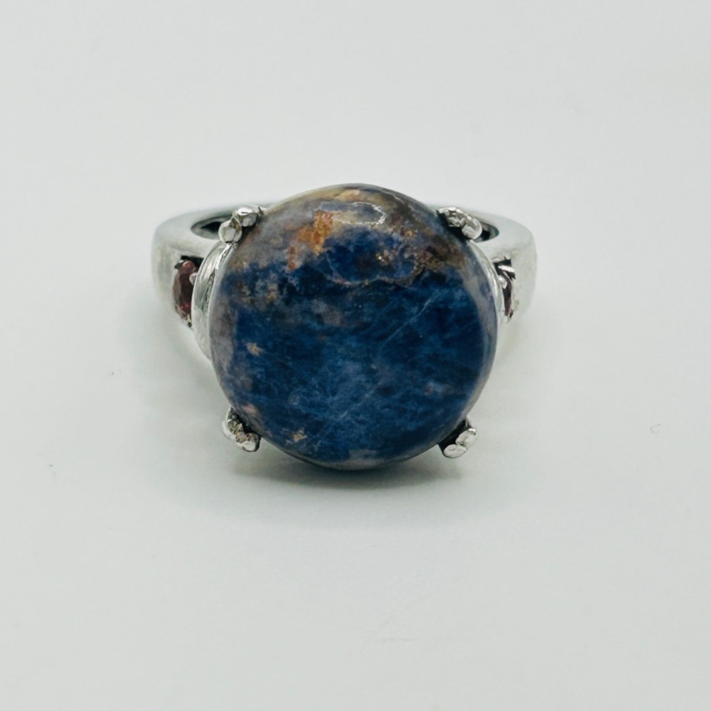 Sodalite and Garnet Ring; Size 7; Stainless Steel